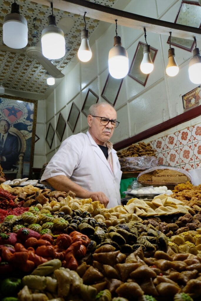 Man in a pastry shop surrounded by traditional sweets and desserts under warm lighting.